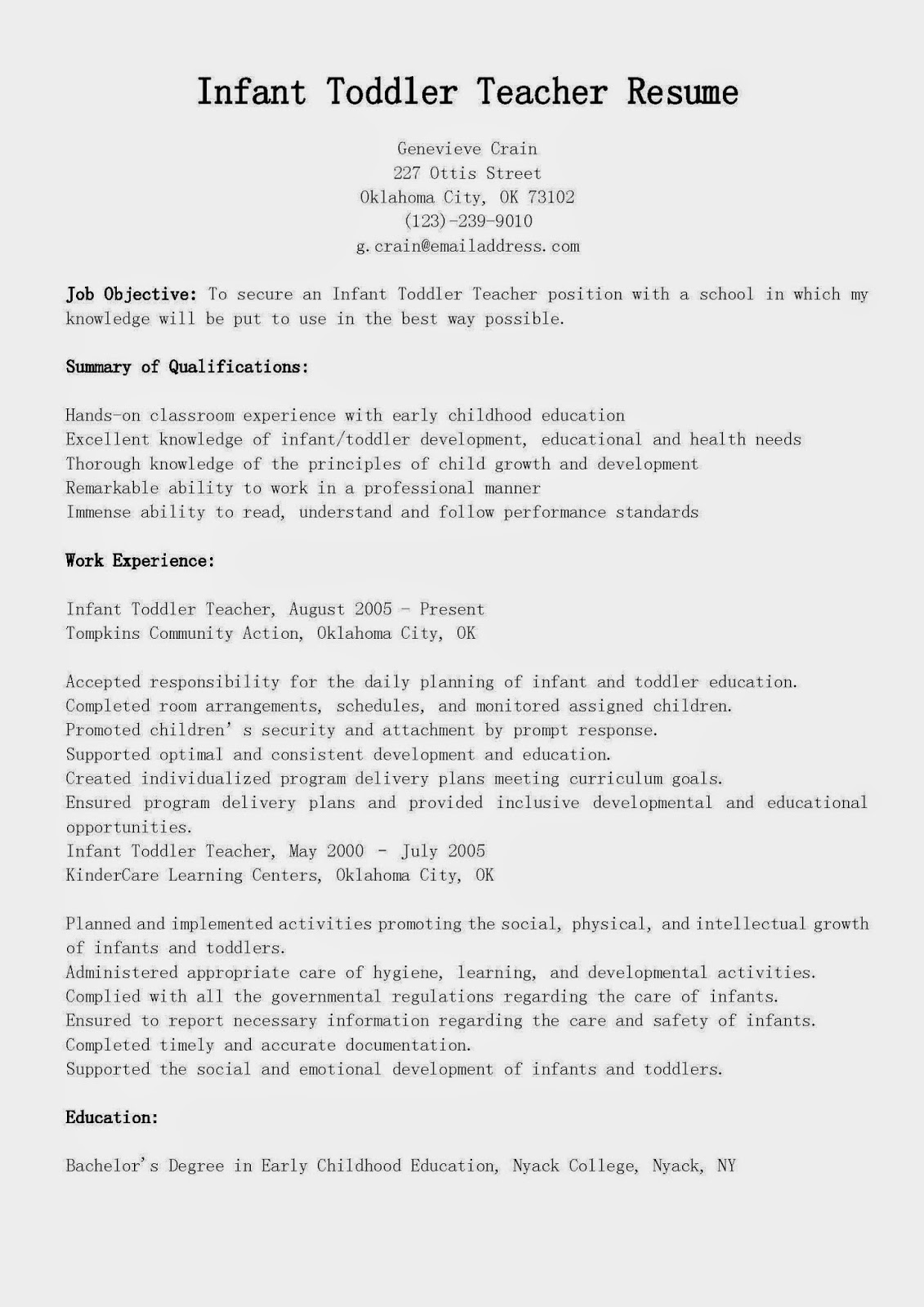 Sample resume working with children